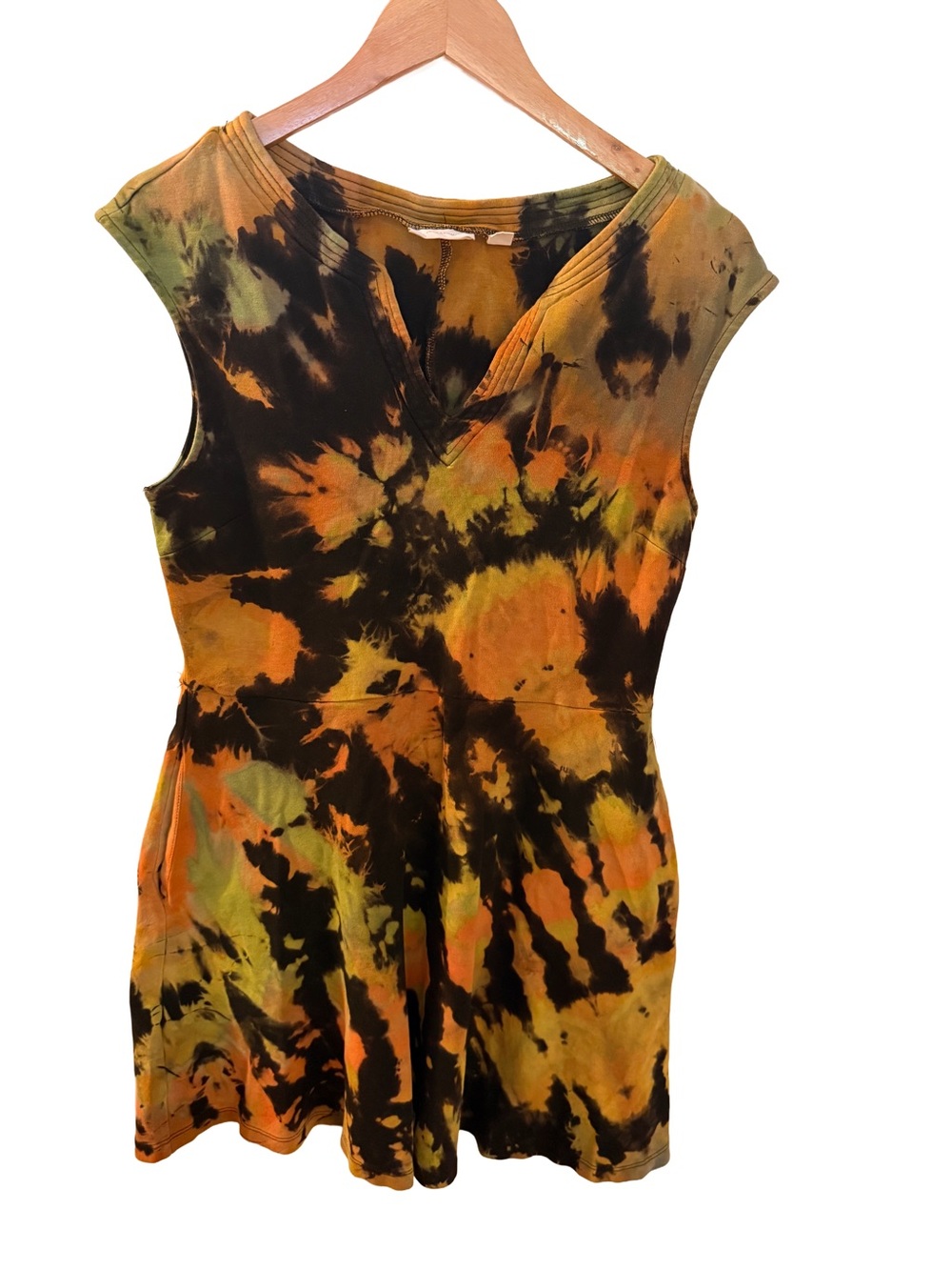 Tie-Dye Sleeveless V-Neck Mini Dress in Orange, Black & Olive